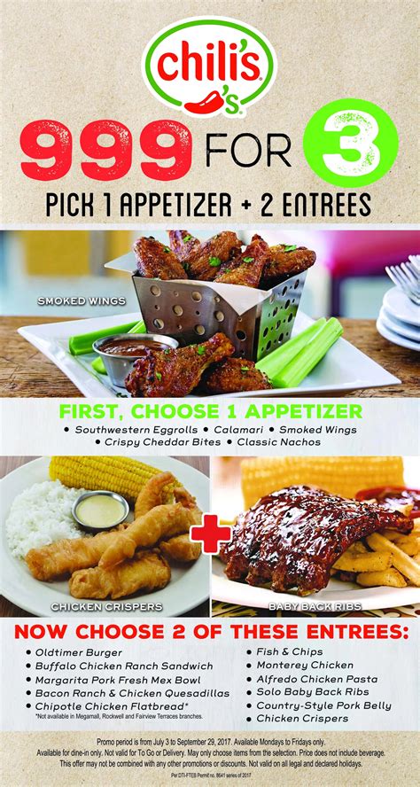 2 for $25 chili's menu - You get two full-size entrees and an appetizer for $20. For just $25, this offer includes one appetizer and two entrees, as well as menu options like: Spinach and Artichoke Dip Appetizers Stuffed Meatballs with Fettuccine from Provolone Pasta with Cajun Shrimp. Fiesta Lime Chicken Double Crunch Shrimp Basket with ribs.
